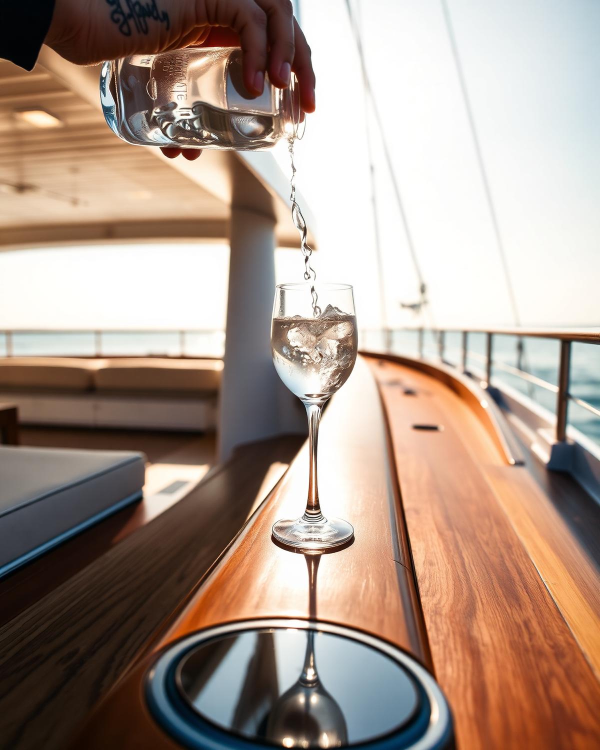 Een glas dat wordt ingeschonken op het teakdek van de Wajer
